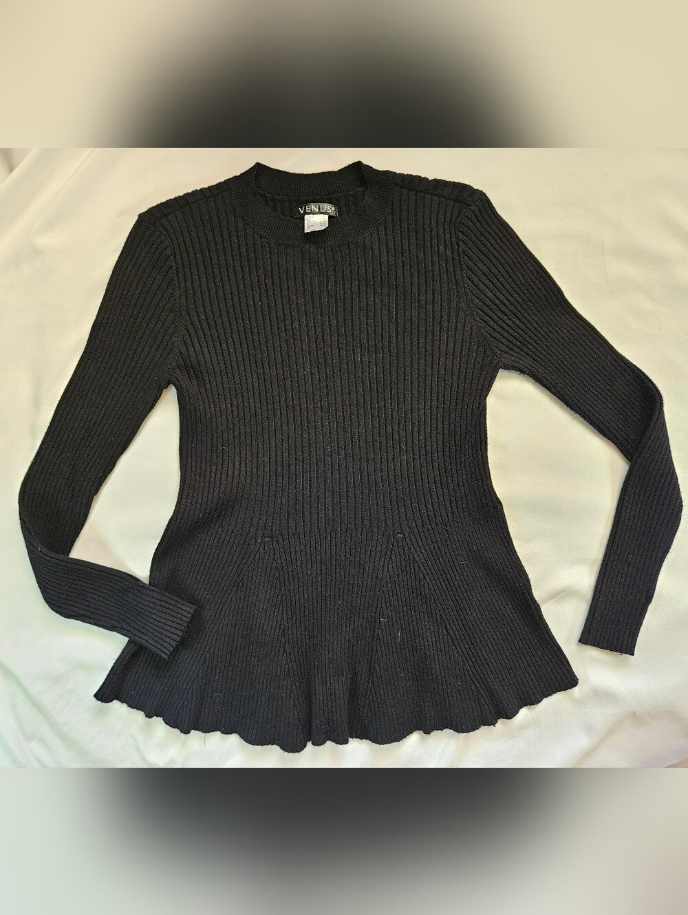 Venus Womens Black Peplum Long Sleeve Ribbed Crewneck Pullover Sweater Sz Medium